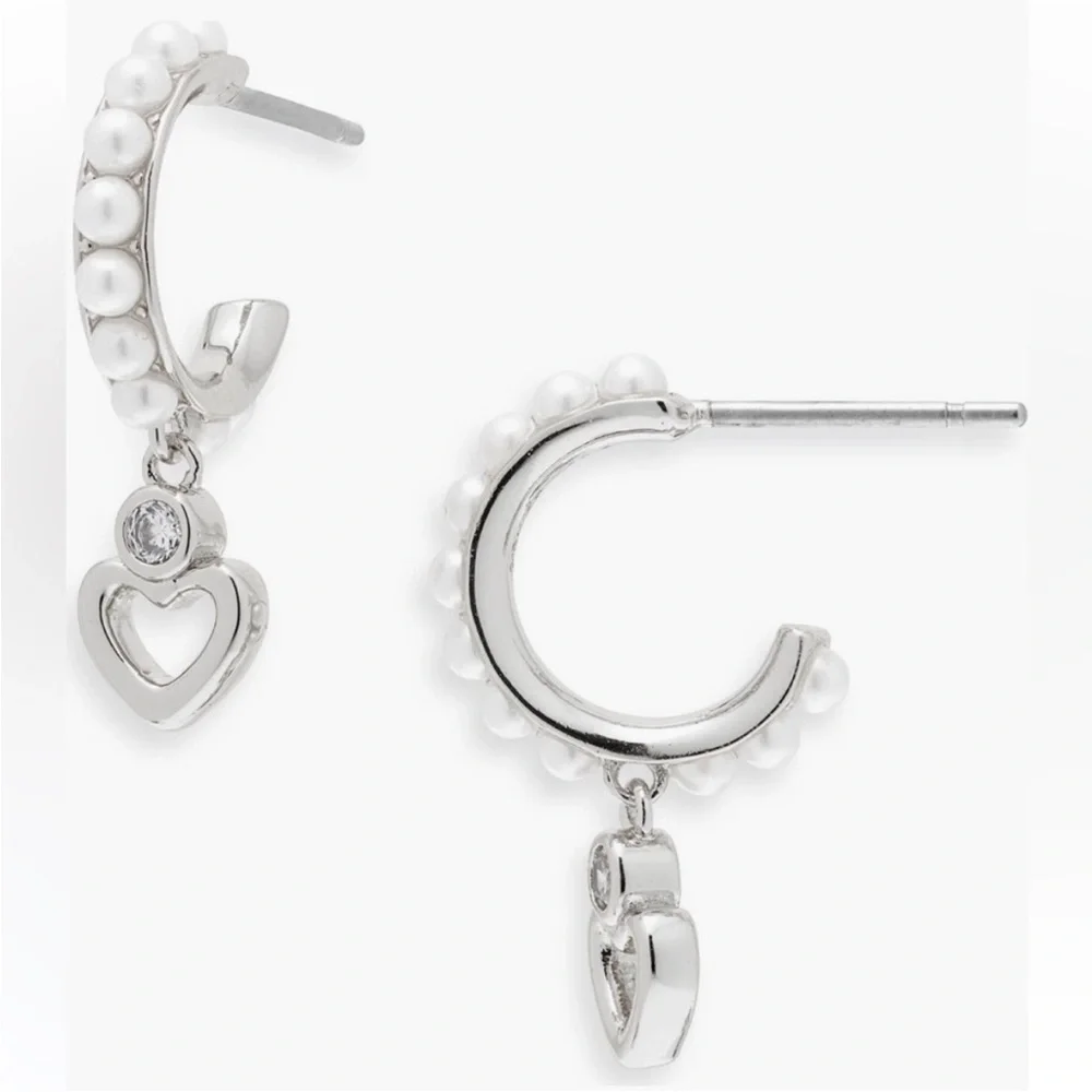 Kate Spade Saturday Imitation Pearl Huggie Hoop Earrings in Cream/Silver NWT
